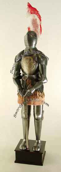 Medieval Suit Of Armor Wuith Gold Embossed Brestplate And Helmet Feather