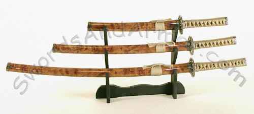 Samurai 3-piece sword set with wood grain finish