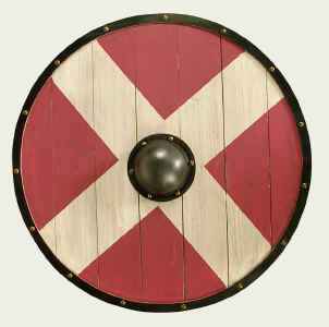 Round Wooden Shield in Red With White Cross And Center Boss